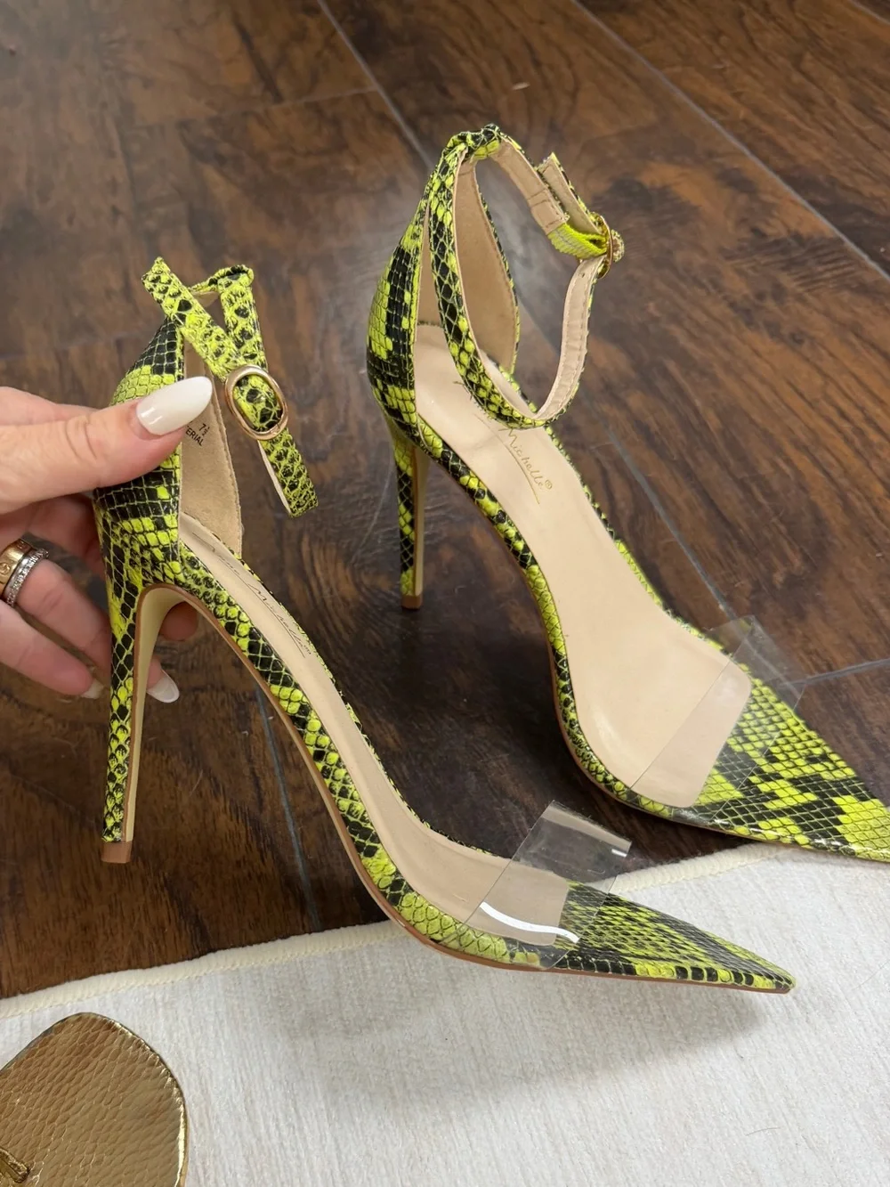 Anne Michelle Neon Green Snake-Print Clear Strap Stiletto Heels